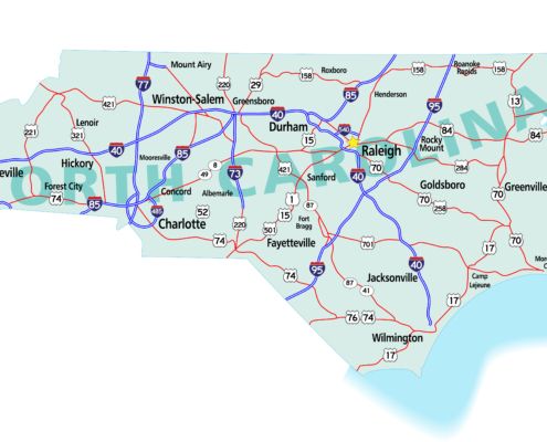 North,Carolina,State,Road,Map,With,Interstates,,U.s.,Highways,And
