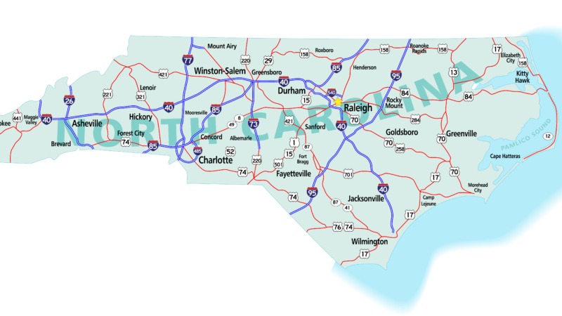 North,Carolina,State,Road,Map,With,Interstates,,U.s.,Highways,And