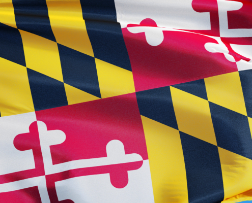 Maryland,(u.s.,State),Flag,Waving,Against,Clear,Blue,Sky,,Close