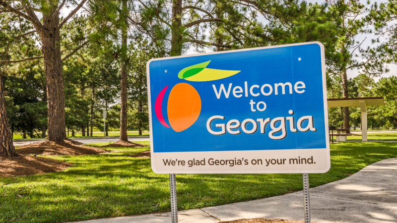 State,Sign,For,Georgia,Welcomes,Visitors,In,A,Shaded,Rest