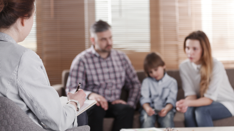 Rear,View,Of,Female,Psychologist,Helping,Young,Family,With,A