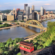 Pittsburgh,City,Skyline,With,Duquesne,Incline,Funicular.,Sunset,Light.