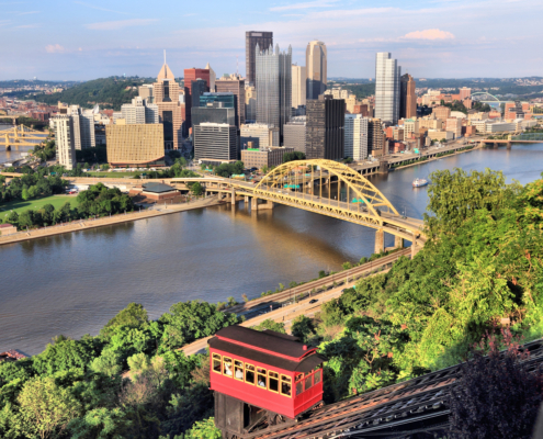 Pittsburgh,City,Skyline,With,Duquesne,Incline,Funicular.,Sunset,Light.