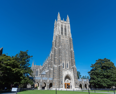 Front,View,Of,The,Duke,Chapel,Tower,In,Early,Fall,