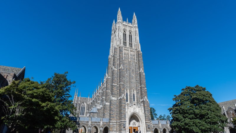 Front,View,Of,The,Duke,Chapel,Tower,In,Early,Fall,