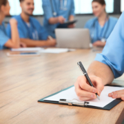 Medical,Student,With,Clipboard,And,His,Groupmates,Studying,In,University