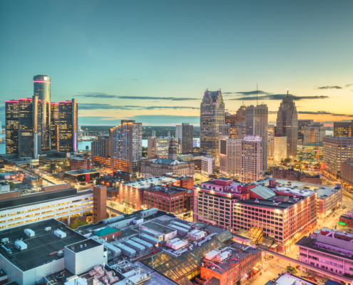 Detroit,,Michigan,,Usa,Downtown,Skyline,From,Above,At,Dusk.