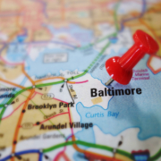 Red,Push,Pin,In,A,Map,Of,Baltimore,Maryland