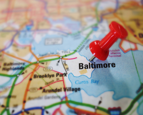 Red,Push,Pin,In,A,Map,Of,Baltimore,Maryland