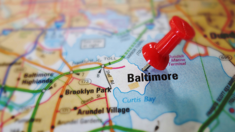 Red,Push,Pin,In,A,Map,Of,Baltimore,Maryland