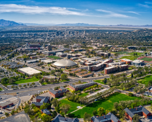 Aerial,View,Of,Large,University,In,Utah,With,Salt,Lake