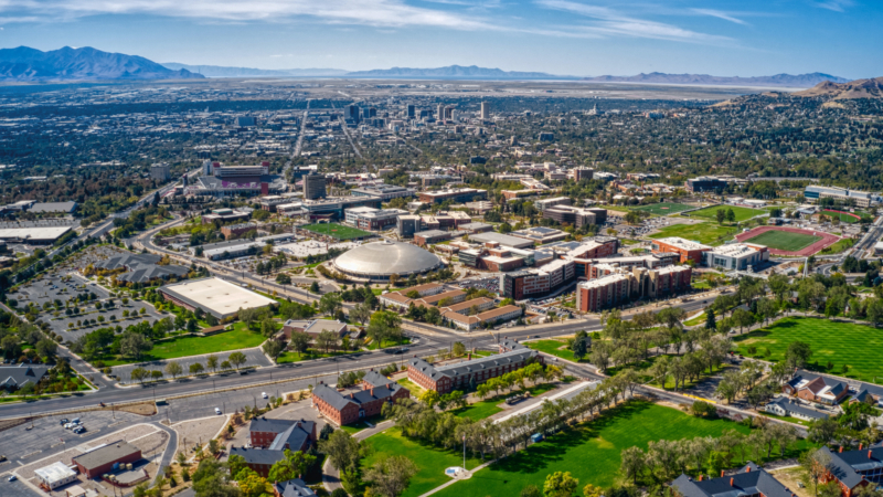 Aerial,View,Of,Large,University,In,Utah,With,Salt,Lake