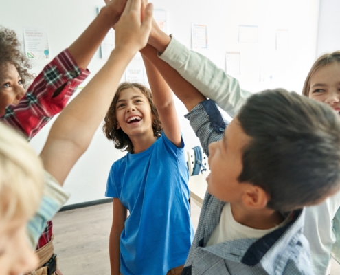 Happy,Diverse,Multiethnic,Kids,Junior,School,Students,Group,Giving,High