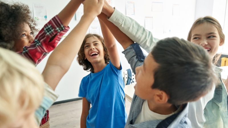 Happy,Diverse,Multiethnic,Kids,Junior,School,Students,Group,Giving,High