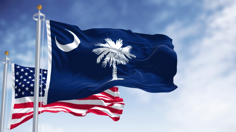 The,South,Carolina,State,Flag,Waving,Along,With,The,National
