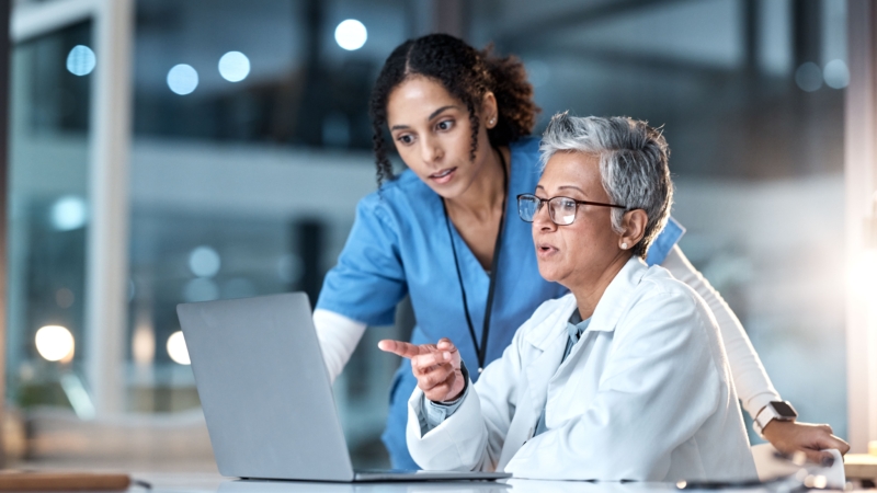 Doctors,,Nurse,Or,Laptop,In,Night,Healthcare,,Planning,Research,Or