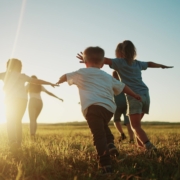 Kids,Run,In,The,Park,At,Sunset.,Friendly,Family,Children