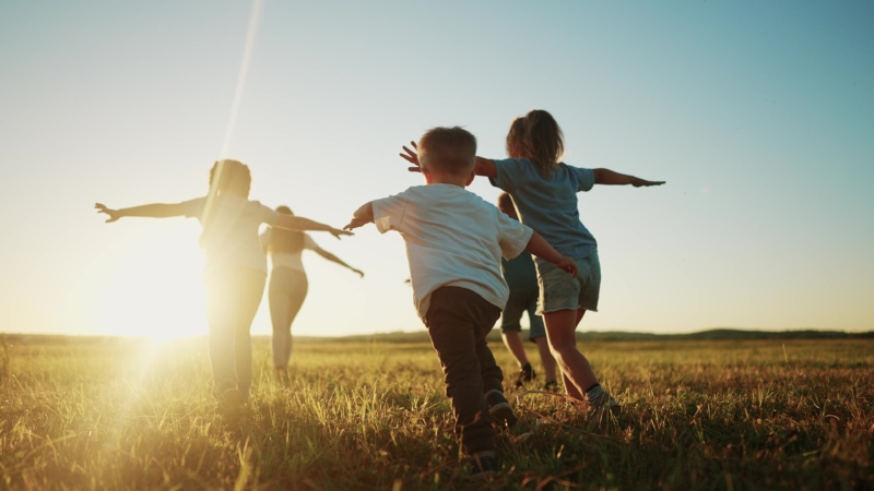 Kids,Run,In,The,Park,At,Sunset.,Friendly,Family,Children