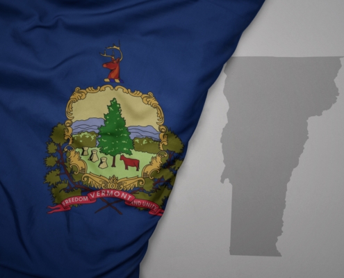 Big,Waving,National,Colorful,Flag,And,Map,Of,Vermont,State