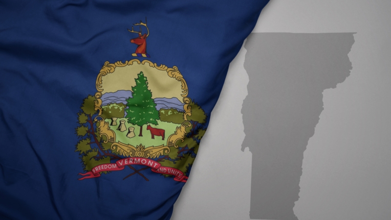 Big,Waving,National,Colorful,Flag,And,Map,Of,Vermont,State