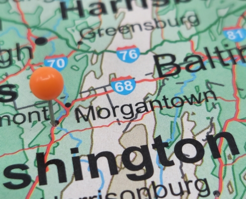 Orange,Tack,On,Map,Of,Morgantown,,West,Virginia.,This,City