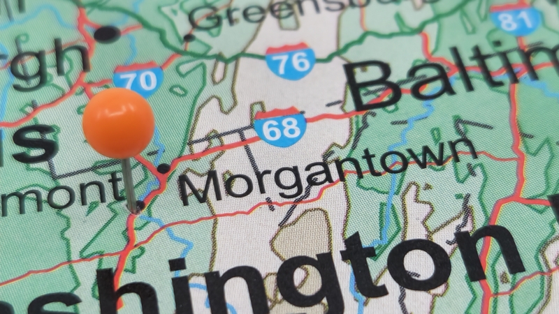 Orange,Tack,On,Map,Of,Morgantown,,West,Virginia.,This,City