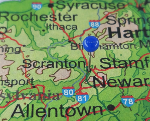 Scranton,,Pennsylvania,Marked,By,A,Blue,Map,Tack.,The,City
