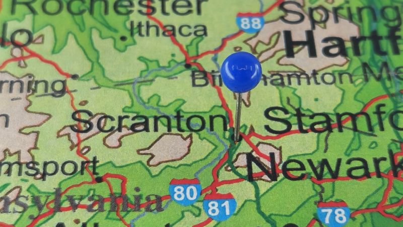 Scranton,,Pennsylvania,Marked,By,A,Blue,Map,Tack.,The,City