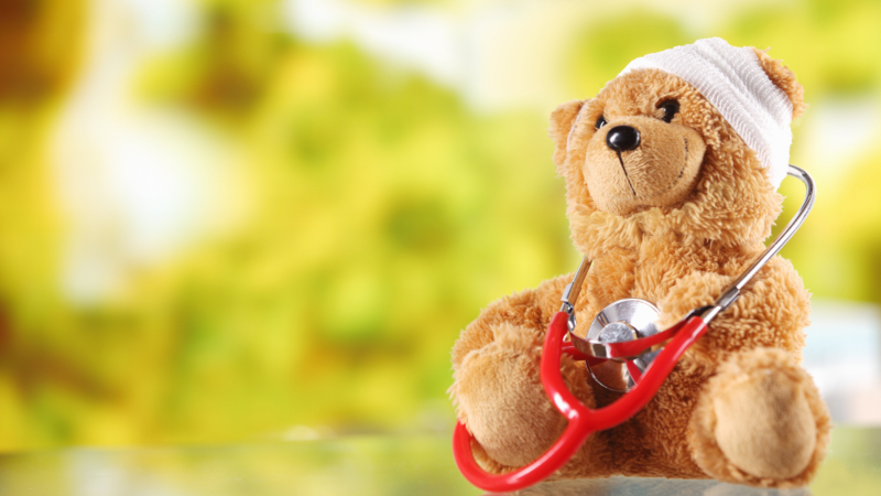 Close,Up,Bandaged,Plush,Teddy,Bear,With,Stethoscope,Device,On
