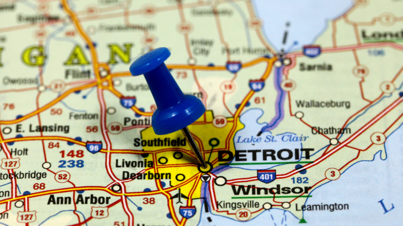 Map,With,Pin,Point,Of,Detroit,In,Usa