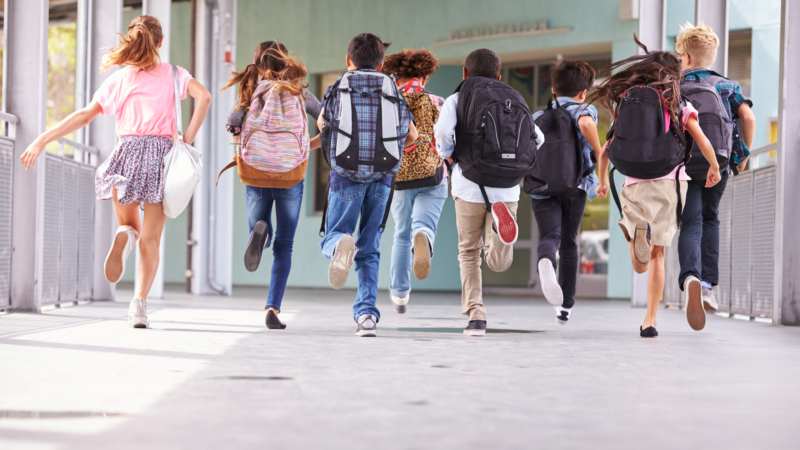 Group,Of,Elementary,School,Kids,Running,At,School,,Back,View