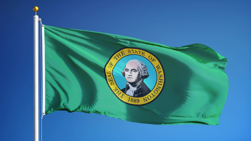 Washington,(u.s.,State),Flag,Waving,Against,Clear,Blue,Sky,,Close