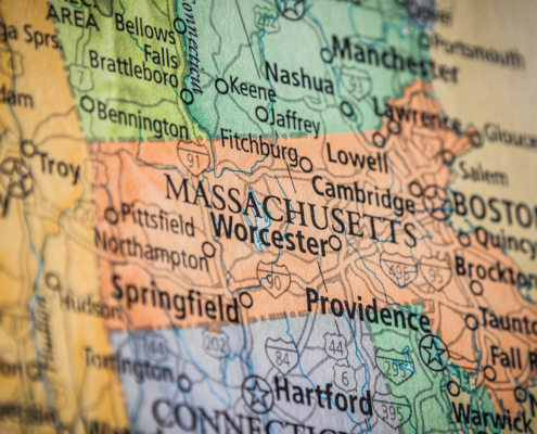 Closeup,Selective,Focus,Of,Massachusetts,State,On,A,Geographical,And