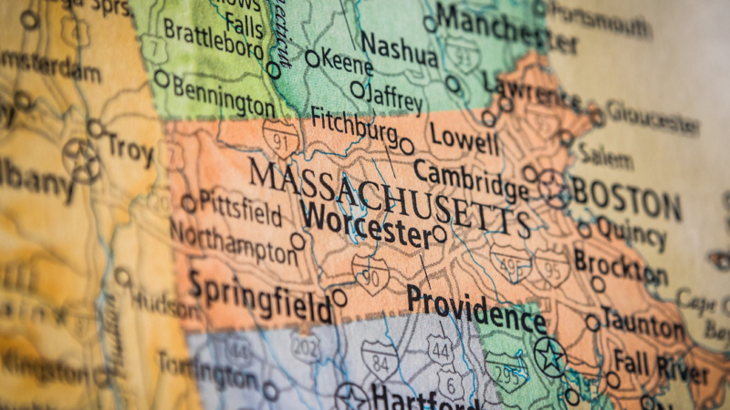 Closeup,Selective,Focus,Of,Massachusetts,State,On,A,Geographical,And
