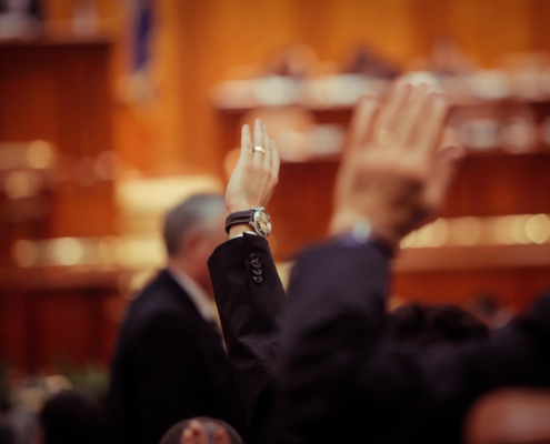 Member,Of,Romanian,Parliament,Is,Voting,By,Raising,His,Hand